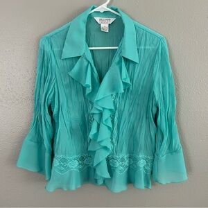 Allison Taylor Petite M Blue Ruffle Lace Blouse Bell Sleeve Cuffs Sheer Crinkle